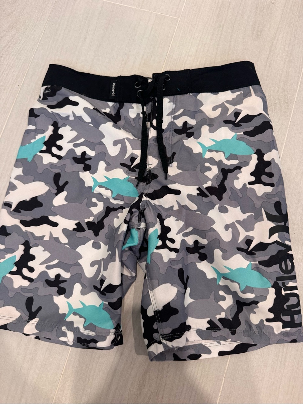 Hurley Men’s Gray Camo Board Shorts with Teal Shark Accents
